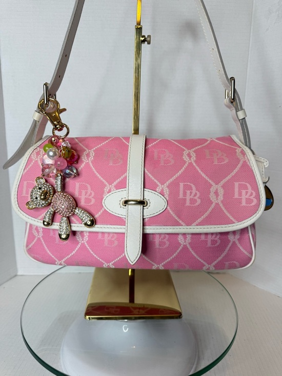 Dooney & Bourke Handbags - Dooney & Bourke Pink Canvas Monogram Shoulder Bag with White Trim
